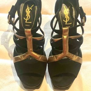 Authentic YSL Signature Golden Y Velvet Stiletto Heels 36